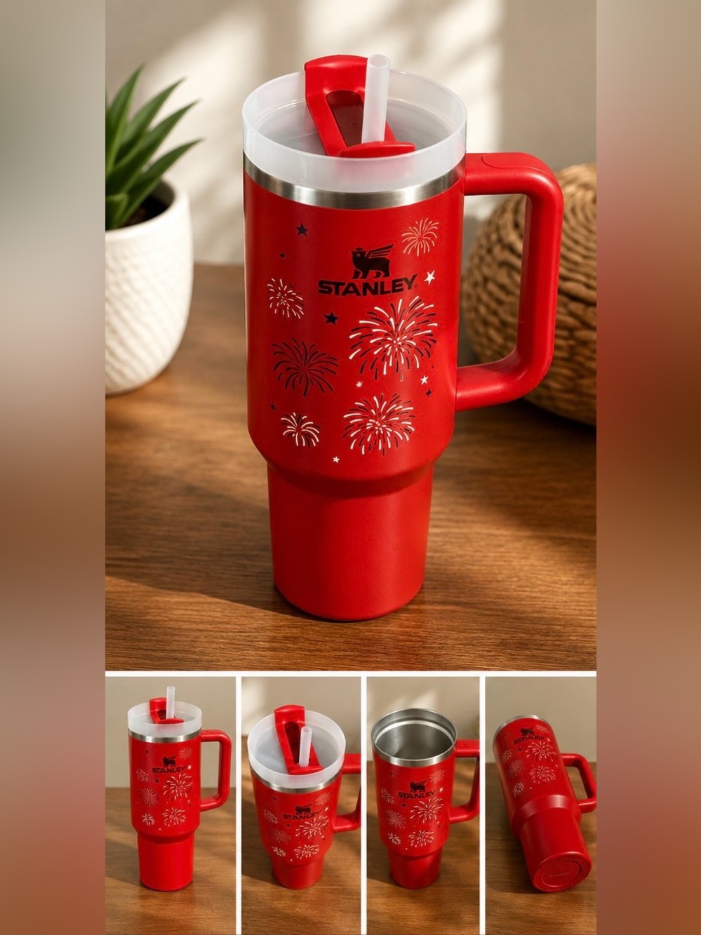 Stanley Red Travel Mug with Handle and Firework Design